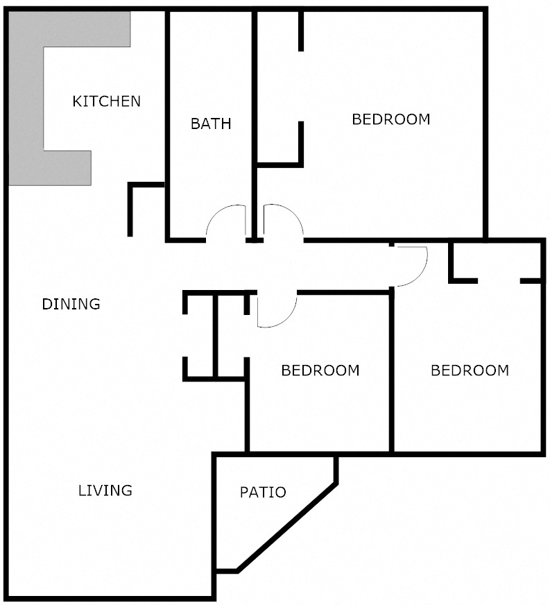 Floor plan for 3 beds, 1 bath, 1076 sqft